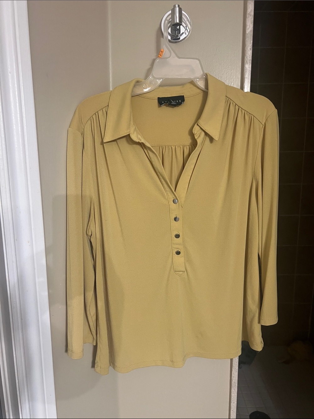 Worthington Yellow Mustard Button-Henley Blouse